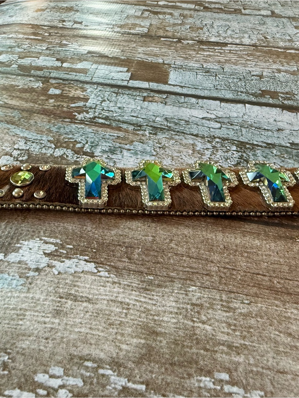 Nocona Embellished Brown Hair-On Leather Belt with Green Crystal Cross Accents S